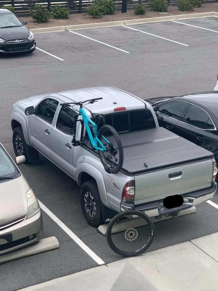 Silver Tacoma with SideRide bike mount, top view